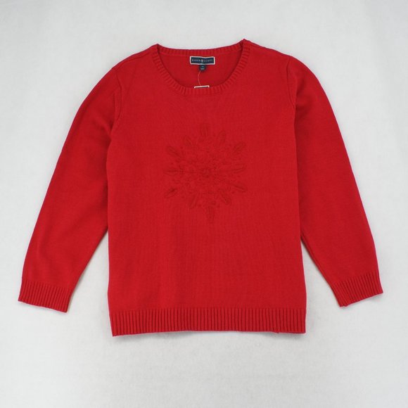 Karen Scott Sweater 2X Womens Plus Red Embroidered Snow Flake Crewneck Pullover - Picture 2 of 7